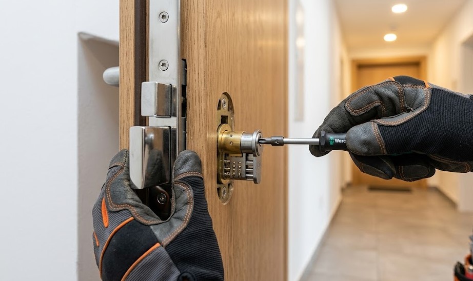 Cerrajero instalando cerradura de alta seguridad en un piso del barrio de Montilivi